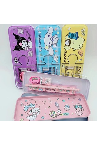 Kawaii Sanrio My Melody Metal Kalem Kutusu Kırtasiye Seti Cinnamoroll Kuromi Kalemlik Hediye Seti Pembe