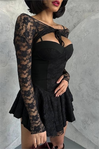 Kadın Bolero Detaylı Güpür Prenses Elbise Dpnbdf107 Siyah