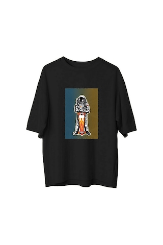 Paybuy Erkek Oversize Tişört Astronot Kaykay Baskısı Bold Line Art Dinam Siyah