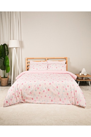 Angel Pamuklu Çift Kişilik Çiçekli Nevresim Seti Lastikli Çarşaflı 200x220 Cm Pembe