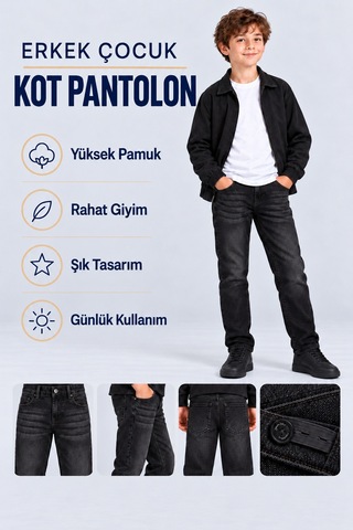 Ahengim Erkek Çocuk Desenli Kot Pantolon Düz Paça Jean Ak140493 Siyah