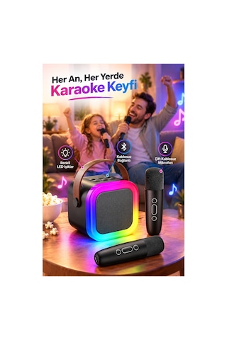 Robeve Blic 2 Mikrofonlu Çocuk Karaoke Hoparlör Ve Bluetooth Hoparlör Led Işıklı Mini Karaoke Seti, 6 Farklı Ses Efekti, Uzun Pil Ömrü, Taşınabilir Çocuk Mikrofonu Ve Çocuk Müzik Aleti Siyah