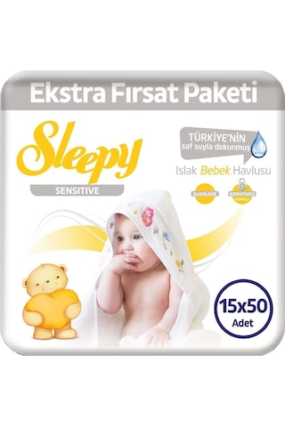 Sleepy Islak Havlu Mendil 50 Yaprak 15 Li Set Sensitive Kapaklı (5Pk*3)