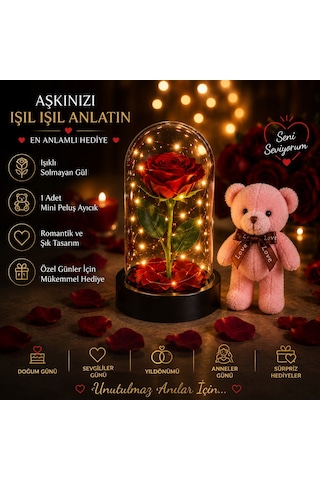 Led Işıklı Mika Fanus Solmayan Yapay Kırmızı Gül & 1 Mini Peluş Ayıcık Sevgiliye Romantik Hediye Set