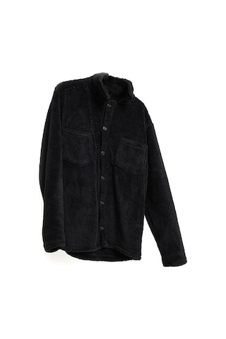 Unisex Siyah Düğme Detaylı Cepli Peluş Ceket Siyah