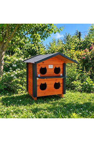 4 Yuvalı Ahşap Kedi Evi Dış Ortam