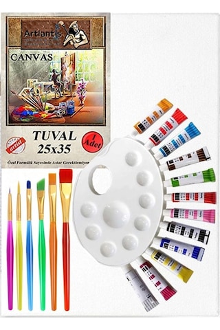 Guaj Boya Hobi Boyama Seti 1 Paket 25x35 Cm Tuval 12 Li Guaj Boya Tüp Resim Paleti Fırça Seti 6 Lı Çok Renkli