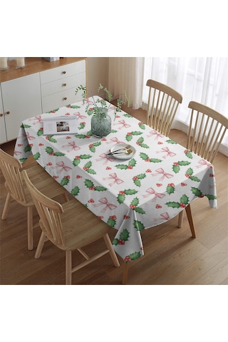 Noel Desenli Dikdörtgen Masa Örtüsü 60x84 İnç, Su Geçirmez Ve Leke Tutmaz Noel Kızılcık Pembe
