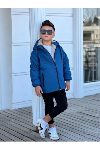 Pina Kids Erkek Çocuk Çıkarılabilir Kapüşonlu Kürklü Oversize Kışlık Mont Km4050 Saks