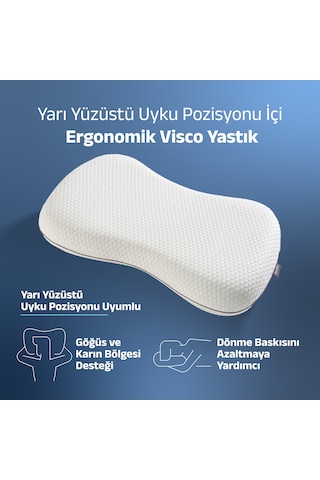 Curvesleep Ergonomik Visco Uyku Yastığı, Karın Üstü, Yarı Yüzüstü Ve Yan Uyku İçin Ortopedik Destek, 60x38x11cm Beyaz