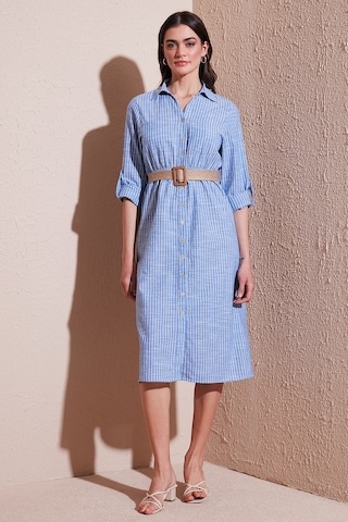 Lela Pamuklu Regular Fit Kemerli Midi Boy Gömlek Bayan Elbise 67810301 Indigo