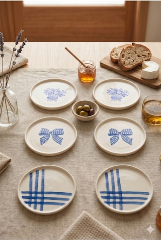 Blue Gift 6 Lı Seramik Pasta Tabağı 20 Cm Mavi Desenli 6 Kişilik Tatlı Sunum Servis Tabak Seti Beyaz