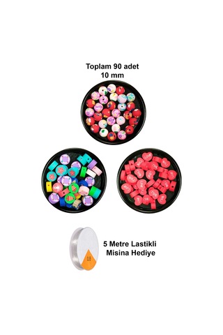 90 Adet 10 Mm Polimer Kil Fimo Boncuk Takı Bileklik + 5 Metre Misina Hediye - Deniz - Kalp - Yuvarlak