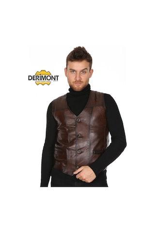 Deriwork Hakiki Kuzu Derisi Kahverengi İşlemeli Erkek Deri Yelek Çay