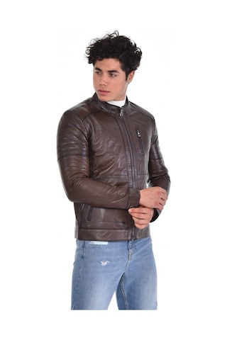 Hakiki Deri Siyah Erkek Deri Mont Hakim Yaka Üç Cepli Fermuarlı Fermuarlı Deri Ceket Kahverengi
