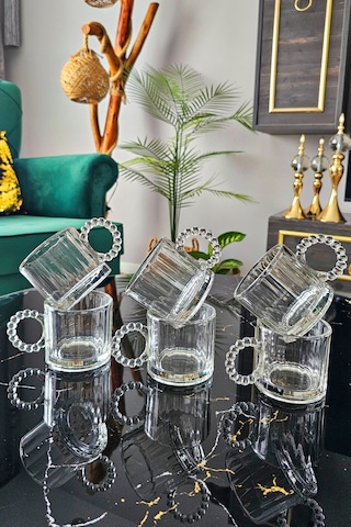 6 Lı Boncuklu Kulplu Cam Kupa 300 Ml Kulplu Çay Bardağı Boncuk Cam Kupa Meşrubat Bardağı - Beyaz Beyaz