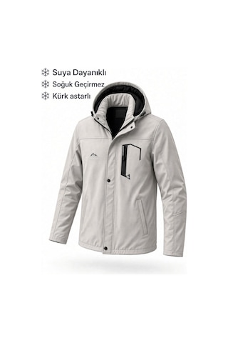 Oksit Tuc 2034 İçi Polar/kürk Astarlı Su İtici Termal Softshell Erkek Mont - Soğuk Geçirmez Spor Kaban Büyük Beden Erkek Mont Taş Rengi