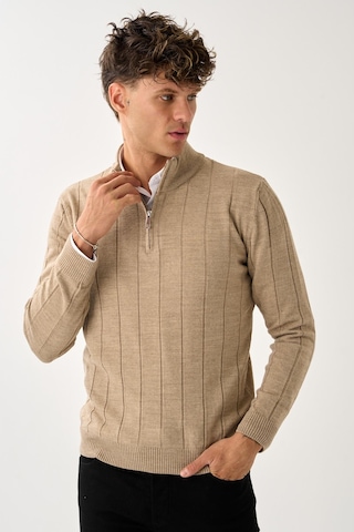 Dikey Dokuma Desenli Fermuarlı Triko Kazak Bej