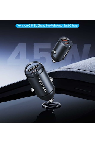 Vention 45w Çift Portlu Usb A+c 45w/30w Alüminyum Gövdeli Hızlı Araç Şarj Cihazı Siyah - Ffs 45w Black