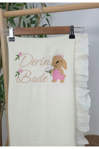 Gros Shop Müslin Yeni Doğan 4katlı Organik %100pamuk Kişiye Özgü Nakışlı Hastane Çıkış Seti Tavşan Model-3 Ekru-3