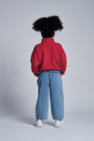 Dik Yaka Sweat Denim Pantolon Takım Kırmızı