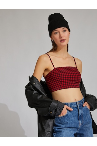 Koton İnce Askılı Crop Top Kırmızı Ekose 2sak30041pw