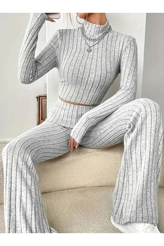 Kadın Uzun Kollu Balıkçı Yaka Krop Ve Pantolon Şardonlu Kaşkorse Ikili Takım Gri