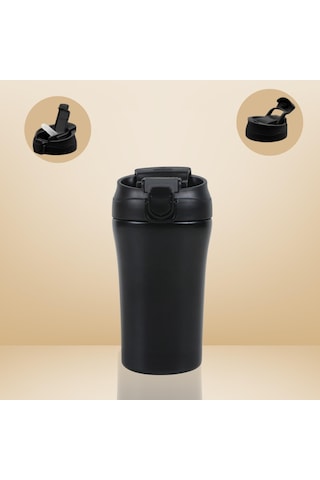 Paslanmaz Çelik Bardak Mug Termos 380 Ml Çift Katmanlı, Sızdırmaz Kapaklı-284 Siyah