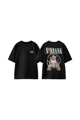 Thewert Nirvana 4 Tasarım Sırt Baskılı Pamuk Siyah Oversize T-shirt