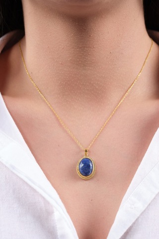 Ssilhoutte Doğaltaş Lapis Lazuli Doğal Taş Kadın 925 Ayar Gümüş Üzeri 14k Gerçek Altın Kaplama Kolye