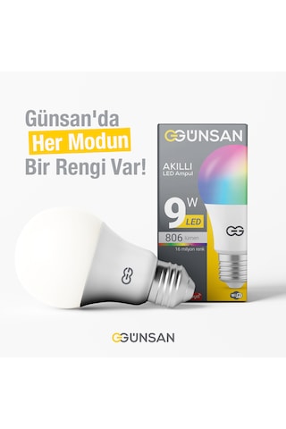 Günsan Akıllı Wifi Led Ampul Rgb Çok Renkli Tuya Ve Smart Life Uygulama Destekli 9w 2700k-6500k Ayarlanabilir Rgb - Ayarlanabilir Renk Sıcaklığı Ve Parlaklık