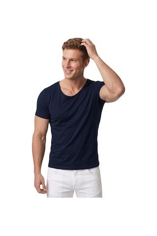 Deepsea Erkek Lacivert Geniş Yaka Likralı Tişört Oval Yaka Slim Fit Eteği Oval Açık Yaka T-shirt 1801199 Lacivert
