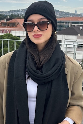 Mollycrush Kadın Kışlık Siyah Atkı Bere Seti Şık Örgü Set Siyah