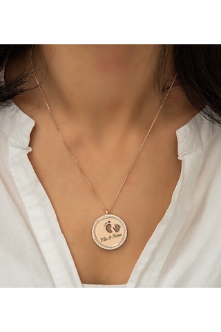 925 Ayar Papatya Silver Gümüş Kolye Rose- Rodaj-gold İlk Adım Kolyesi Anne Bebek Kolye El Ayak Kolye
