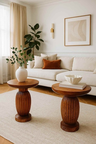 Doğal Masif Ahşap Yan Sehpa Seti 2 Li Meşe Renk Zigon Ve Fiskos Meşe