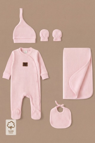 Minory Baby - %100 Pamuk 5'li Hastane Çıkışı Seti Yenidoğan 5'li Set Waffle Kumaş Pembe Pembe