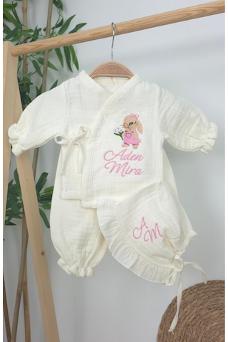 Gros Shop Müslin Yeni Doğan 4katlı Organik %100pamuk Kişiye Özgü Nakışlı Hastane Çıkış Seti Tavşan Modell-2 Ekru