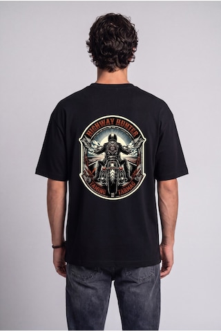 Black Nova Oversize Baskılı Unisex %100 Pamuk T-shirt Highway Hunter Siyah