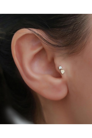 14 Ayar Altın Taşlı Kalp Sallantılı Tragus Piercing Sarı
