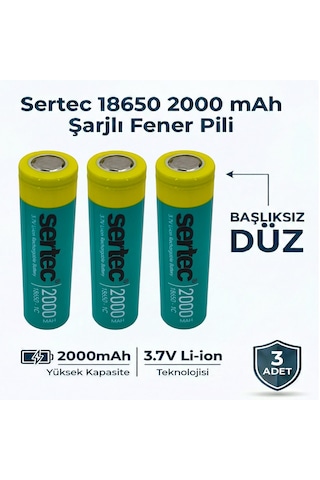 Sertec 18650 Şarjlı Pil 2000mah Fener Pili 3.7v Li-ion Başlıksız Düz 3lü