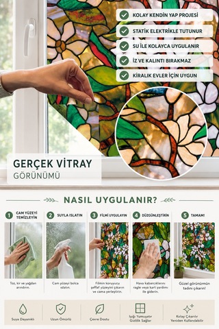 Deconitte Statik Cam Filmi Vitray Gürünümlü 60x100cm Çıkarılabilir Dekoratif Desenli Buzlu Cam Kaplama Pencere Folyosu
