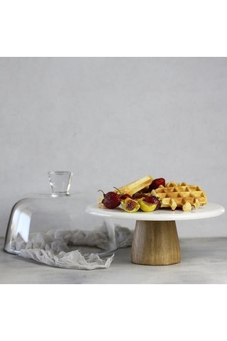 Akayev Mermer 25 CM Ahşap Konik Ayaklı Kalın Beyaz Cam Fanus