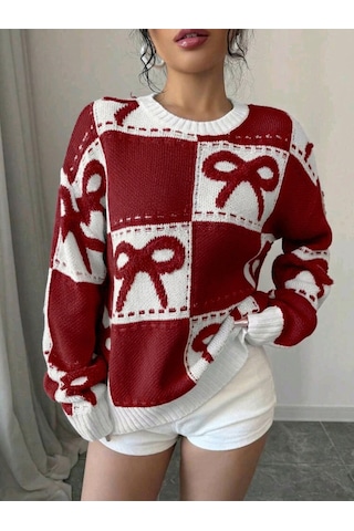 Sayzen Your Shine Kurdele Işlemeli Kareli Oversize Kazak Sy-2502 Bordo