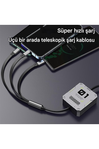 Zuidid - Fc151 - 3 Ü 1 Arada 100w 3a Hızlı Şarjlı 1.2 Metre Geri Çekilebilir Çoklu Şarj Kablosu (Şarj Kablosu)-Evet