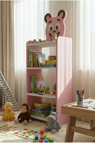 Reyo Falez Çocuk Kitaplık Happy Face 4 Raflı Sevimli Figürlü Düzenleyici Raf Sistemi - 8025 Pembe