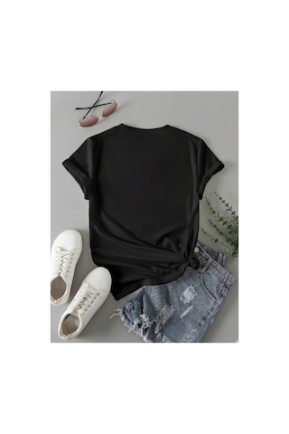Kadın Time To Travel Baskılı %100 Pamuklu T-shirt Siyah