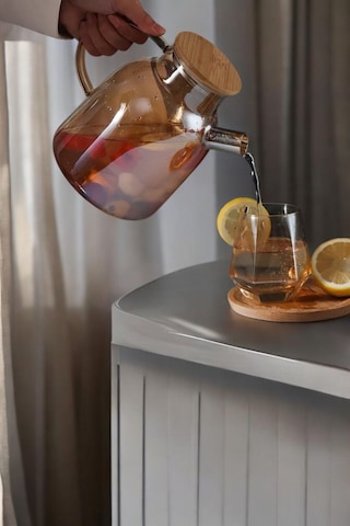 Morponi Lüks Borosilikat Cam Amber Bambu Kapaklı Bitki Çayı Demliği & Sürahi 1500 Ml Şeffaf