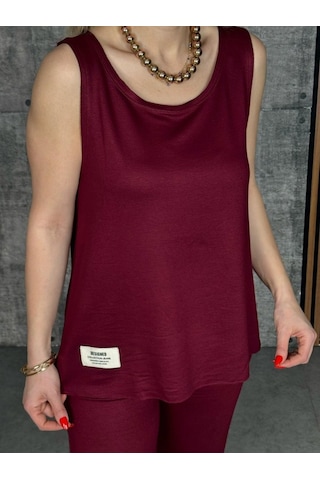 Kadın Askılı Yuvarlak Yaka Viskon Iki Iplik Bluz Ve Eşofman Altı Ikili Takım Bordo