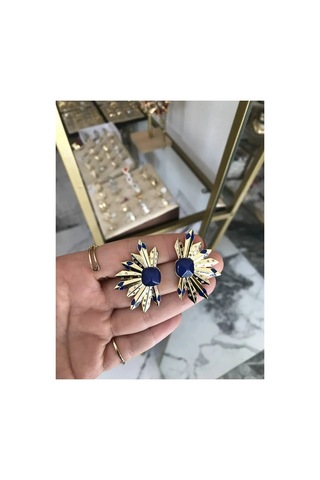 Güneş Model Siyah Taş Detaylı Küpe Altın - Model 902