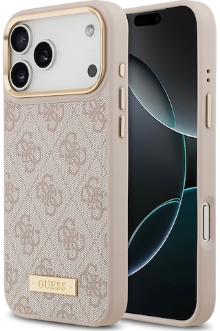 Apple Uyumlu iPhone 17 Pro Max Kılıf Guess Lisanslı M-safeli 4g Desenli Pu Metal Plaka Klasik Logolu Pembe Pembe